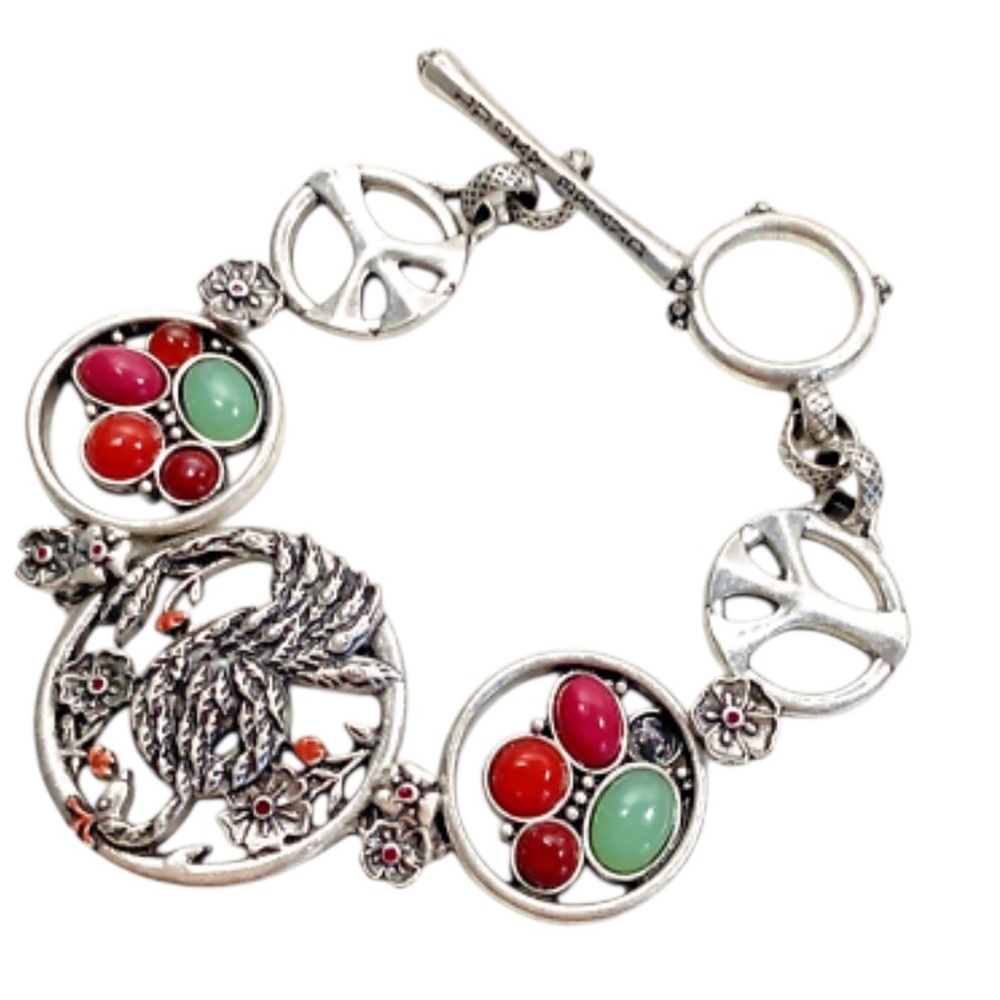 Lucky Brand‎ Multicolor Bracelet Floral Silver Tone Bird Peace Toggle Clasp